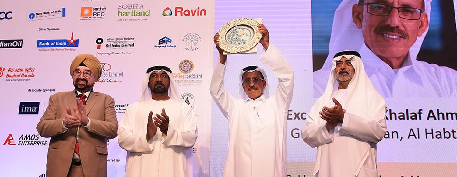 HH Sheikh Nahayan Mabarak Al Nahayan and HH Sheikh Ahmed bin Saeed Al Maktoum 
presenting Golden Peacock Awards to HE. Dr. Khalaf Ahmad Al Habtoor, Group Chairman, Al Habtoor Group in Dubai